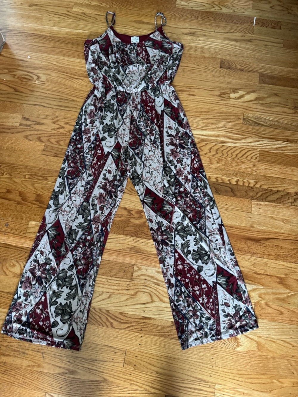 Vintage NAIF Burgundy and Cream Floral Wide-Leg Jumpsuit